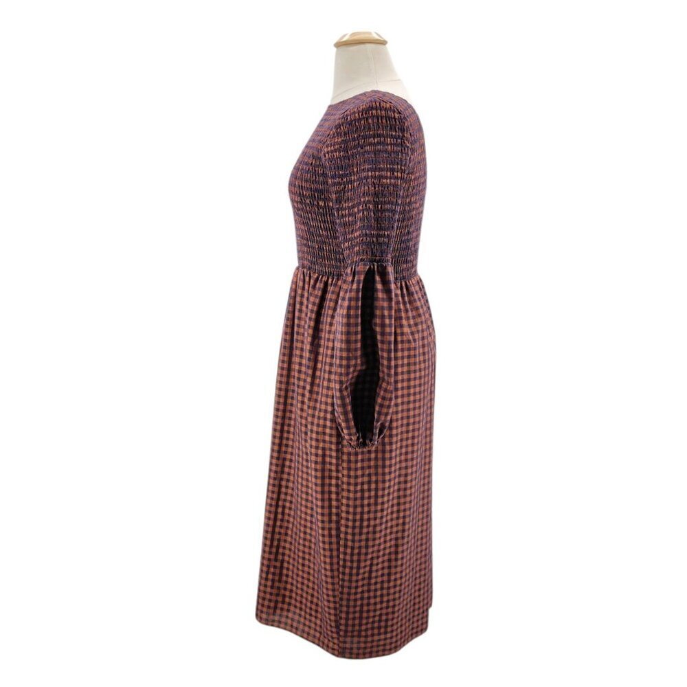 Pamela Love Womens Dress XL Midi Checker Brown Navy Blue Balloon Sleeve Boho - Picture 3 of 10
